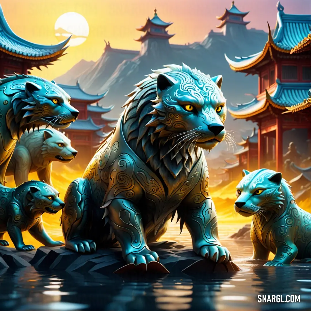 Painting of a group of lions in front of a building with a sunset in the background. Example of PANTONE 306 color.