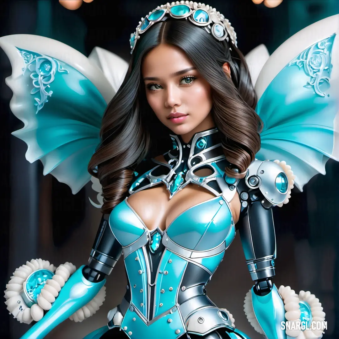 Woman in a blue cosplay with wings and a tiara on her head and hands behind her back. Example of CMYK 75,0,5,0 color.