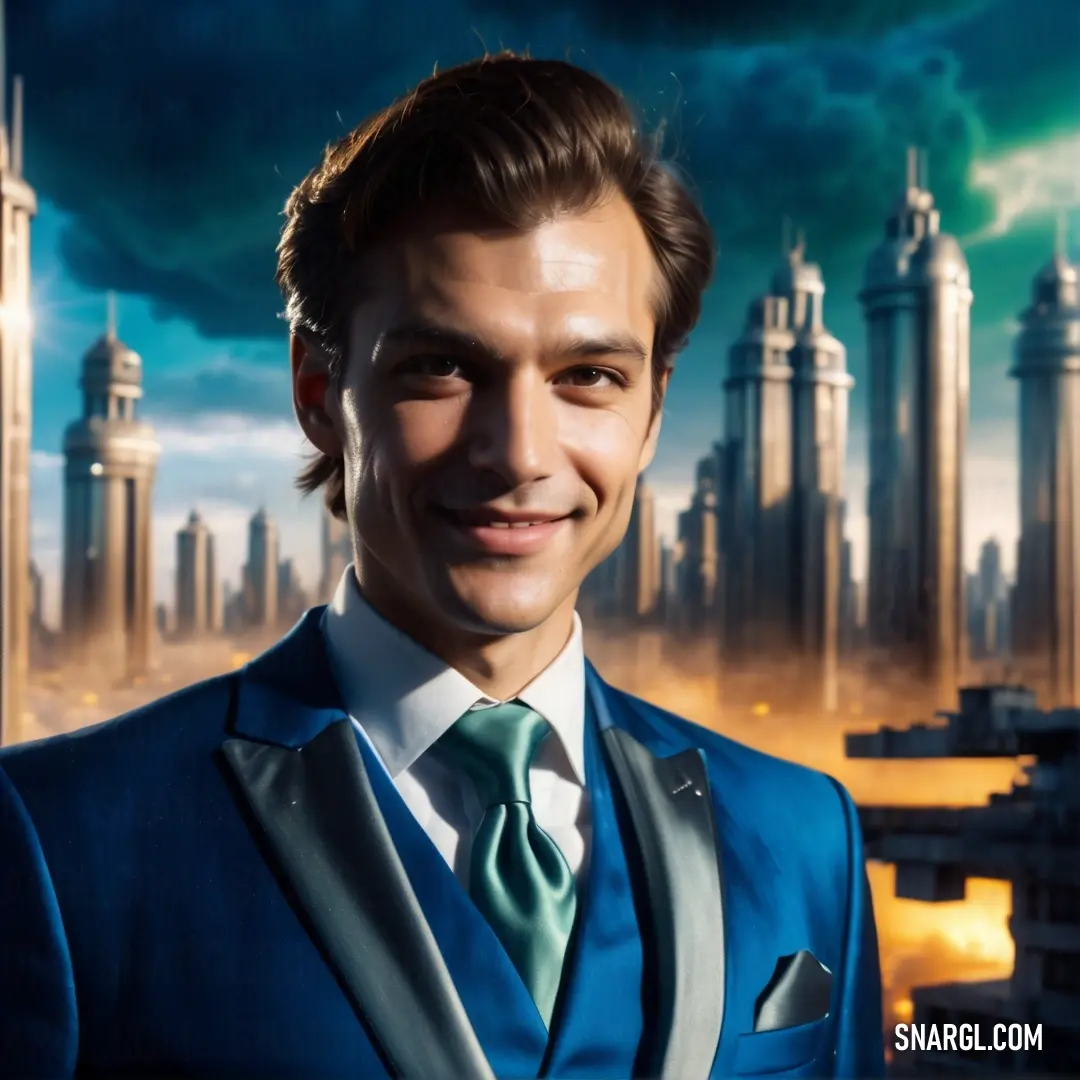 Man in a suit and tie standing in front of a city skyline with a sky background and a dark cloud. Color RGB 0,98,135.