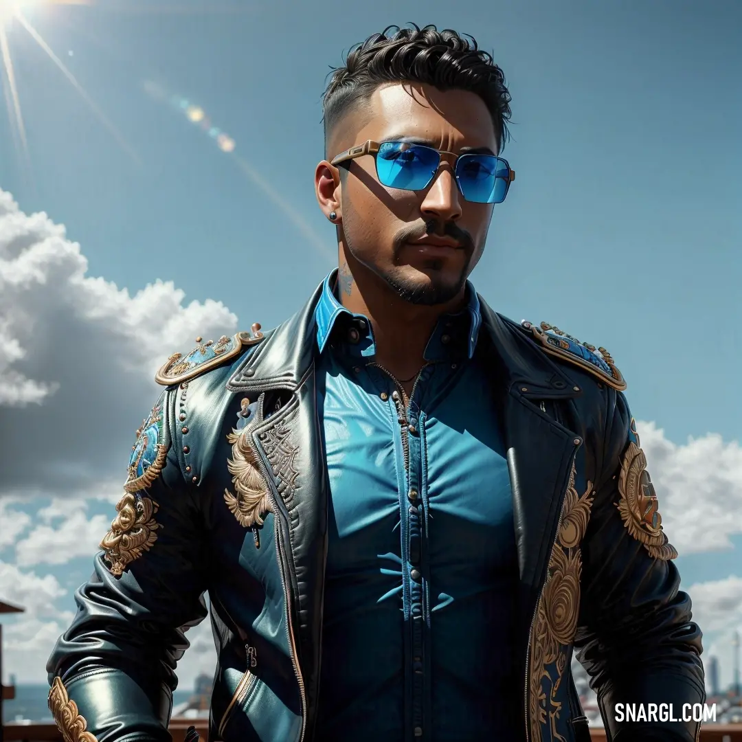 CMYK 100,18,8,50. Man wearing a leather jacket and sunglasses standing in front of a blue sky with clouds
