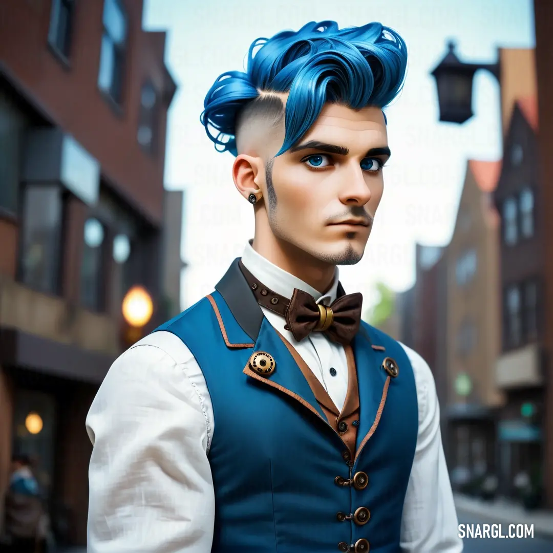 Man with blue hair and a bow tie in a street setting with buildings in the background and a street light. Example of PANTONE 308 color.