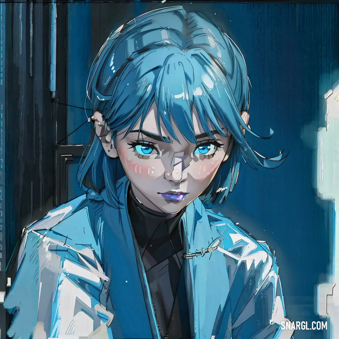 Woman with blue hair and a blue jacket is looking at something in the distance with a serious look on her face