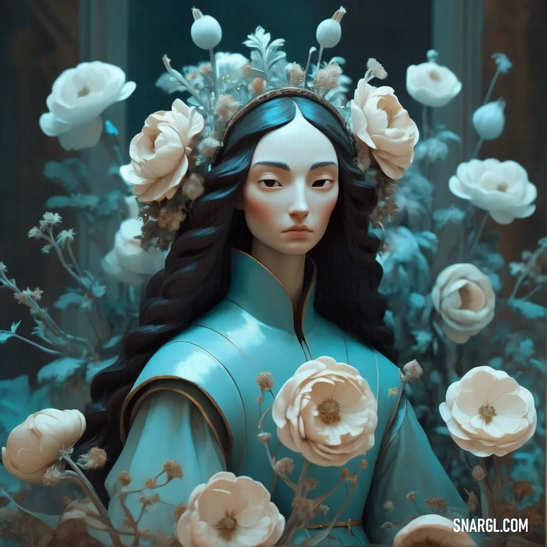 Painting of a woman with flowers in her hair and a blue dress with a white face and long hair. Color RGB 0,66,82.