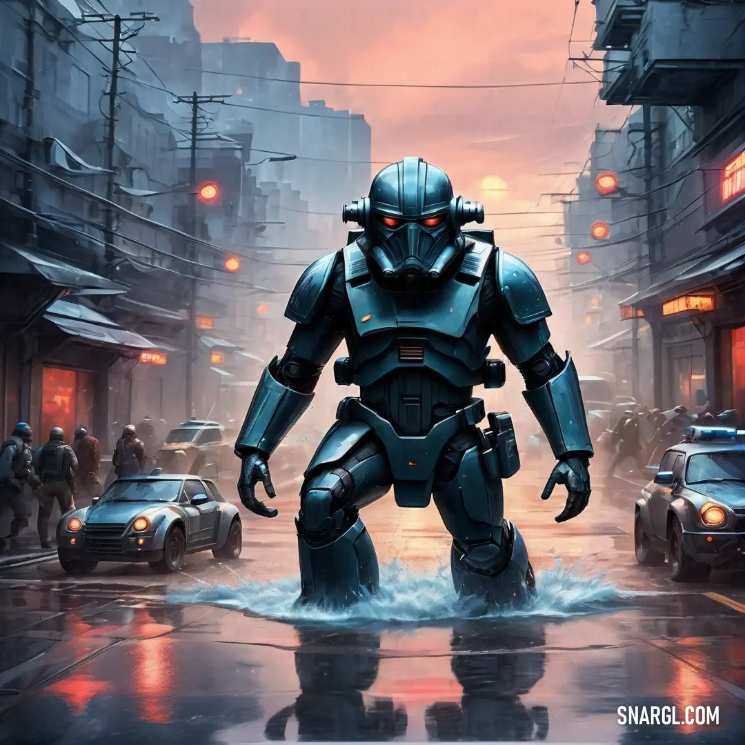 Robot standing in the middle of a city street with cars and people in the background. Color RGB 0,66,82.