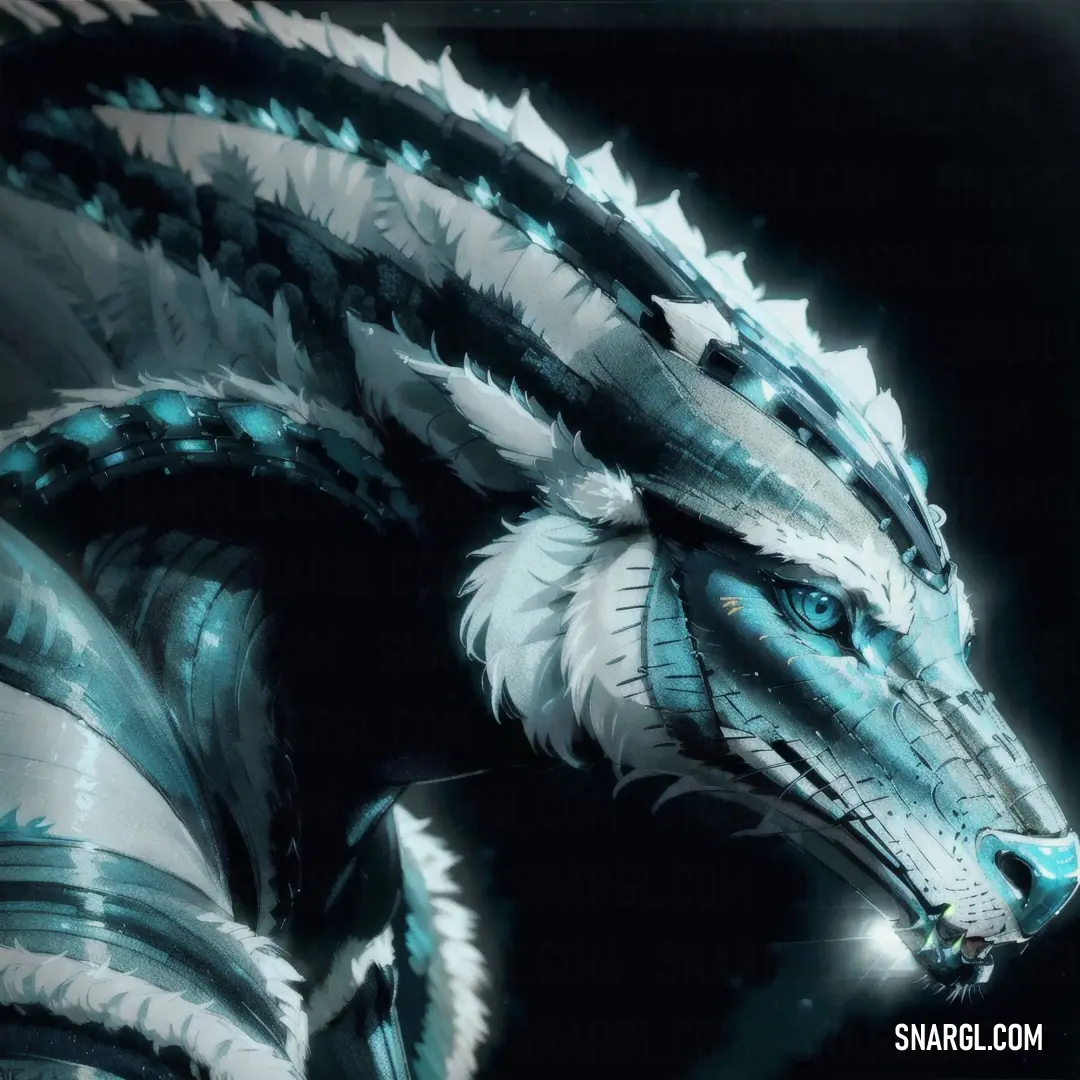 Blue and white dragon with a black background. Example of RGB 137,204,218 color.