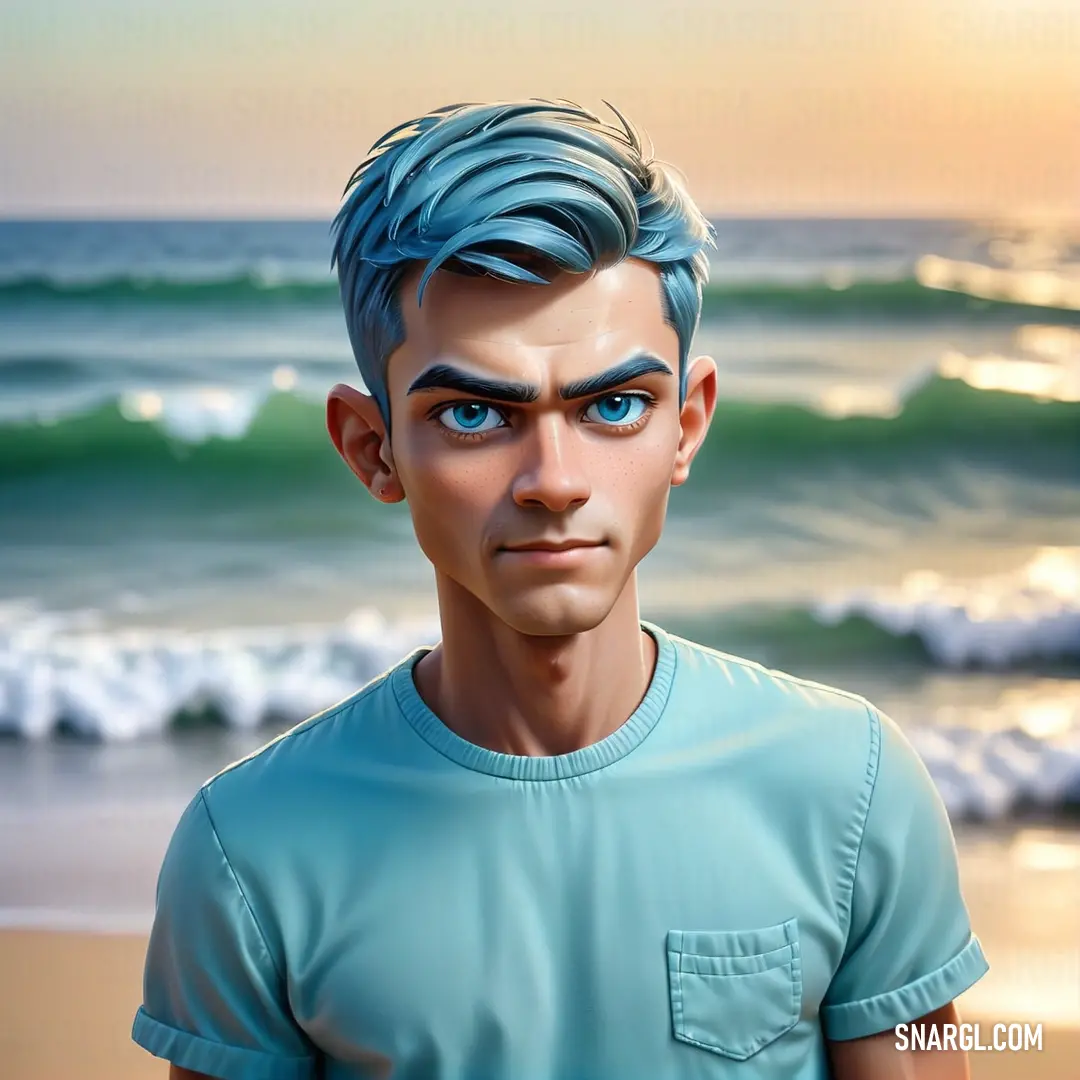Man with blue hair standing on a beach next to the ocean with waves coming in from the ocean. Example of RGB 137,204,218 color.