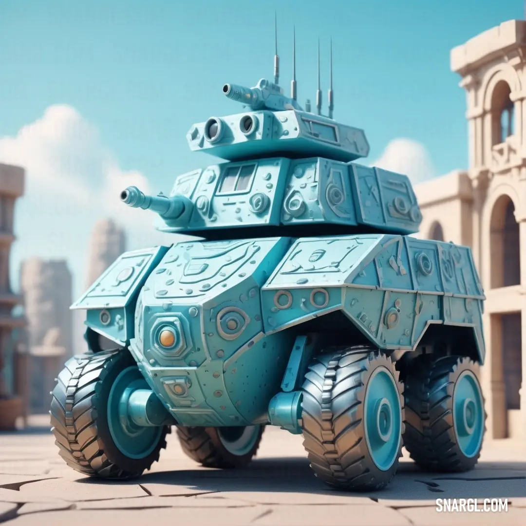 Toy tank is on a brick surface in front of a building with a sky background. Example of CMYK 48,0,9,0 color.