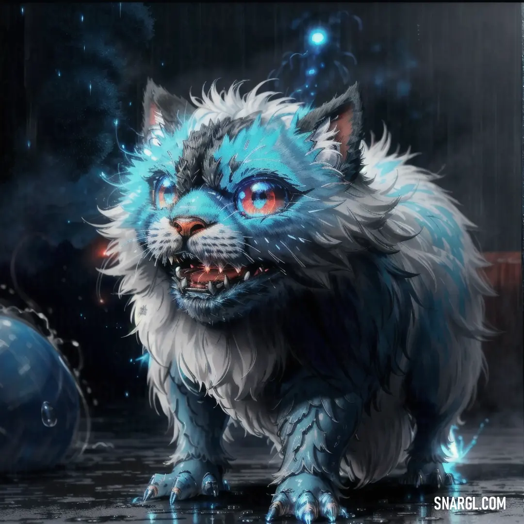 Blue furry creature with glowing eyes. Example of PANTONE 3105 color.