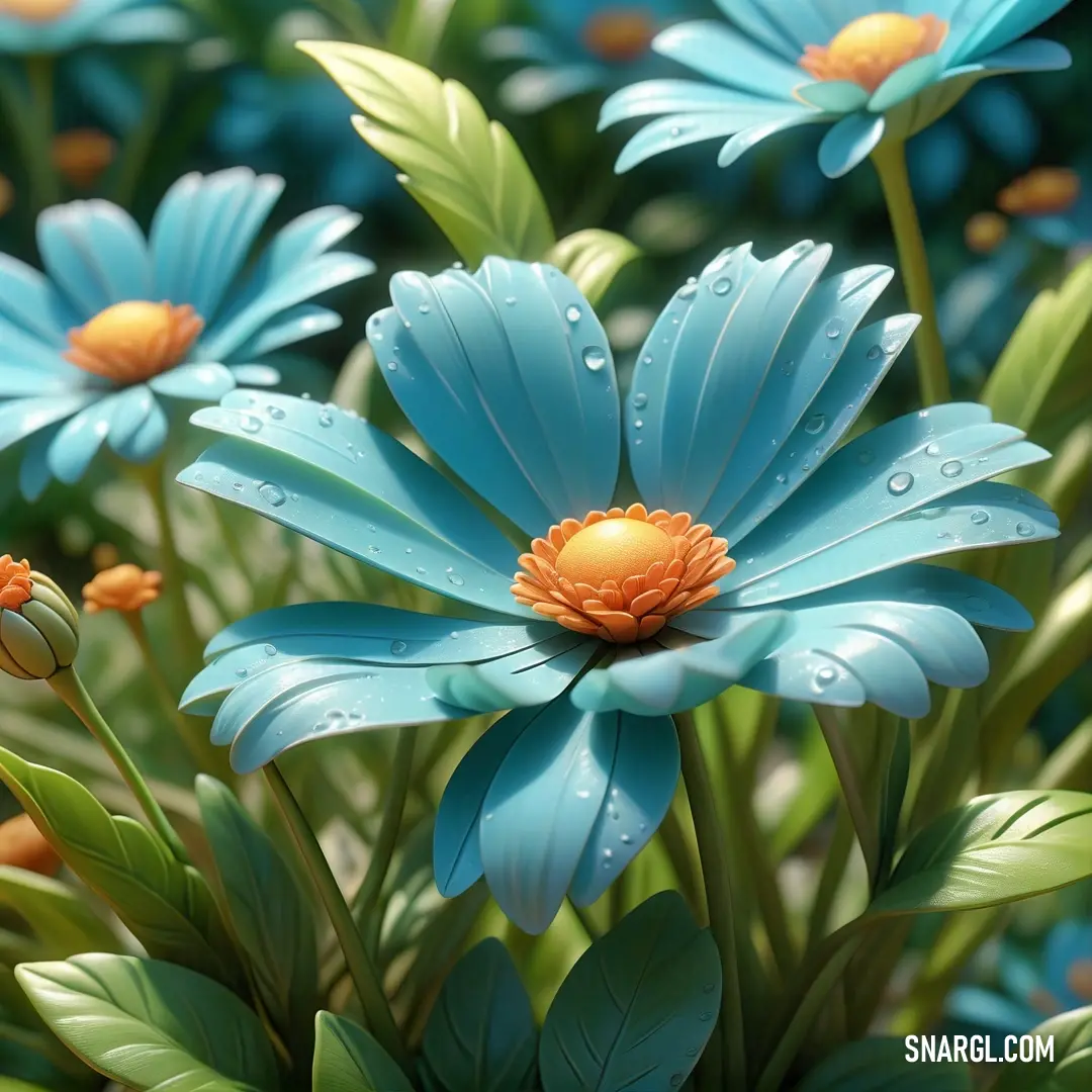 Bunch of blue flowers with water droplets on them and green leaves on the stems and the petals are yellow. Color CMYK 44,0,11,0.