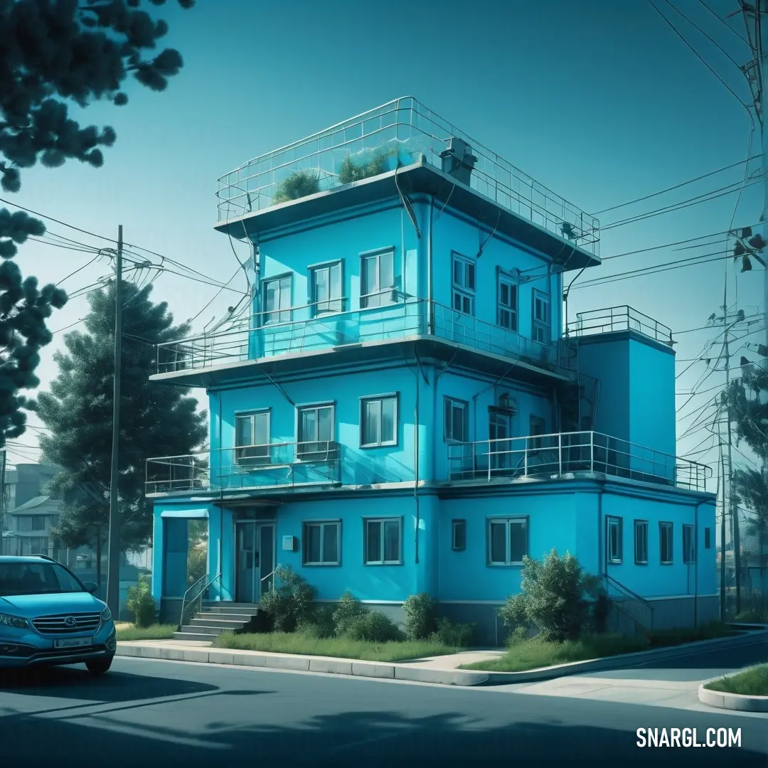 Blue building with a car parked in front of it on a street corner with power lines above it. Example of #4FBBD1 color.