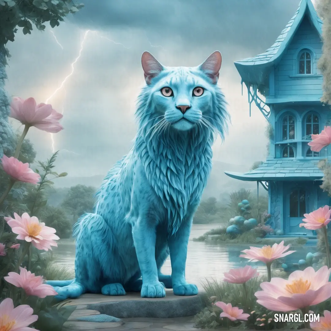 PANTONE 311 color. Blue cat on a rock in front of a house and flowers with a lightning in the background