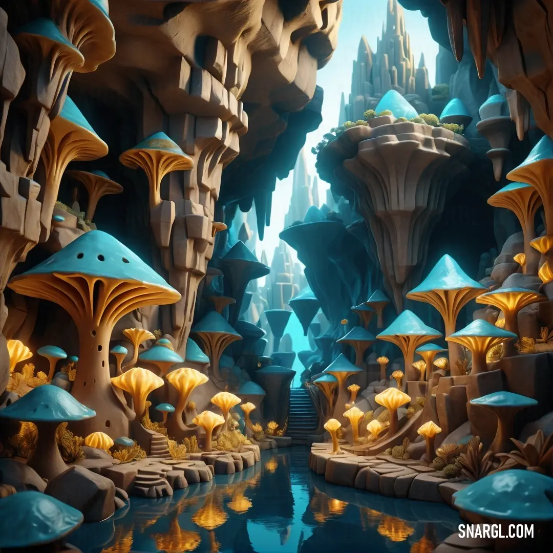 Futuristic landscape with a river and trees in the middle of it and a lot of blue and yellow mushrooms. Example of CMYK 68,0,13,0 color.