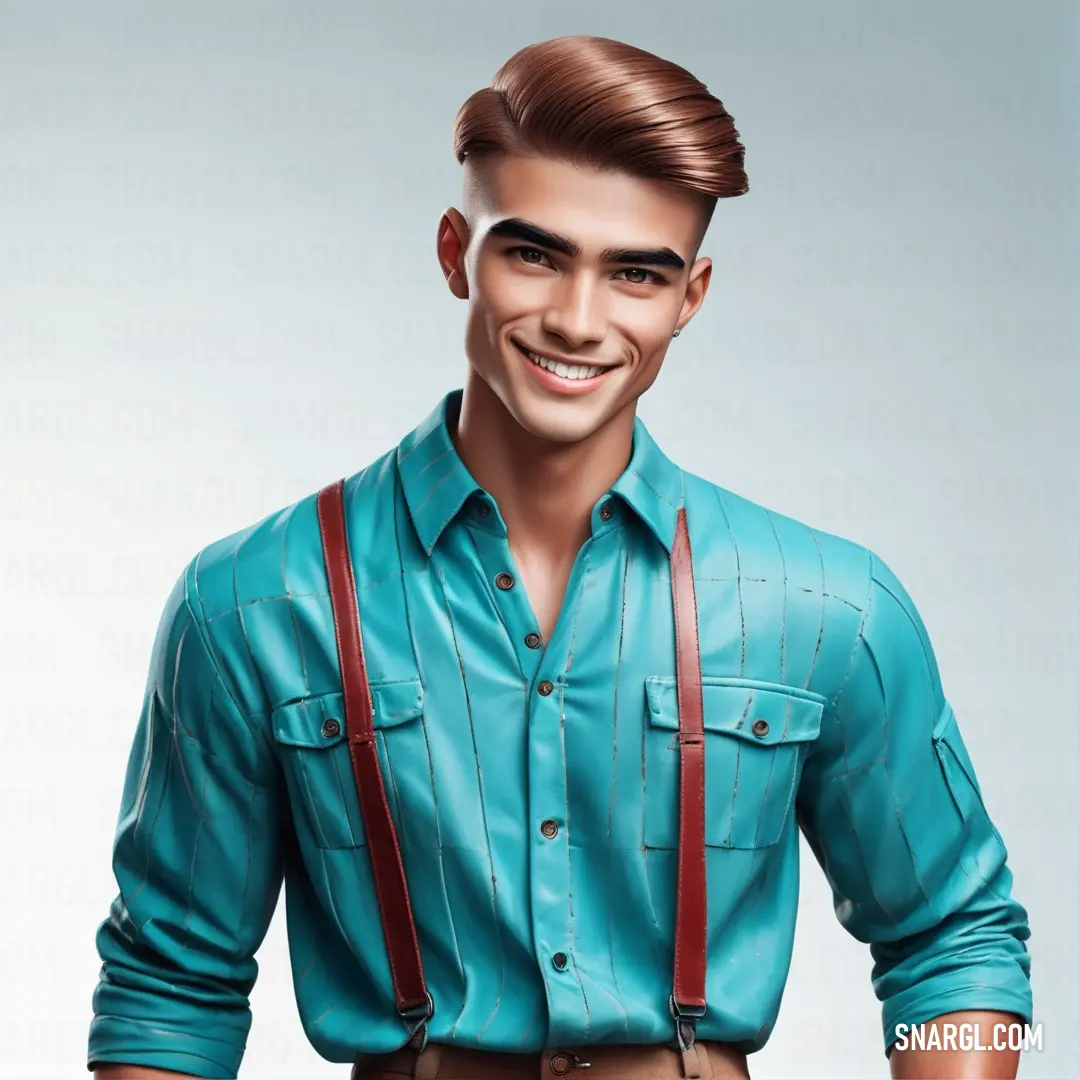 Man with a blue shirt and suspenders smiling at the camera with a smile on his face and a brown belt around his waist