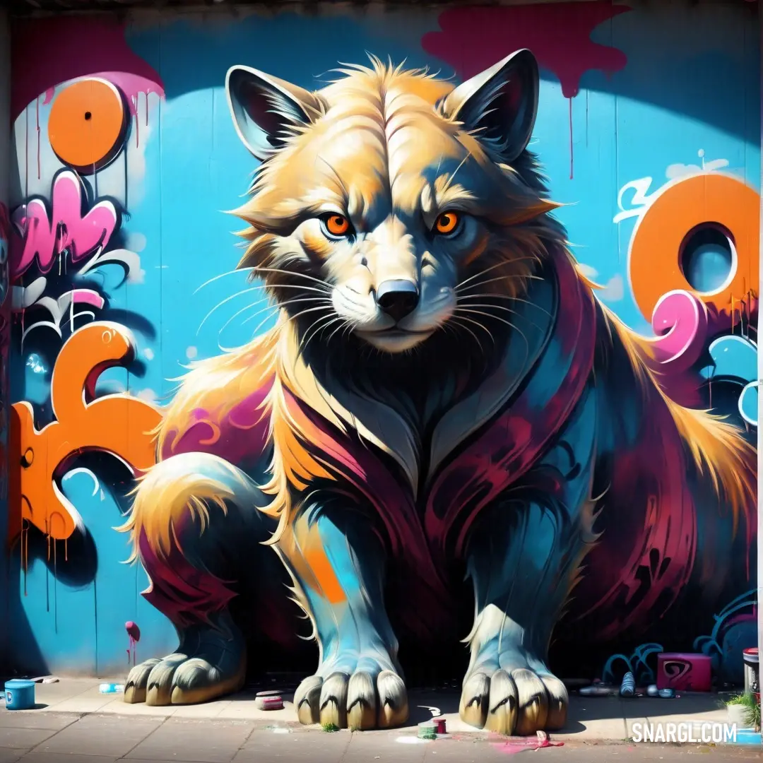 Painting of a wolf on a wall with graffiti on it's sides and a blue background. Color #4FBBD1.