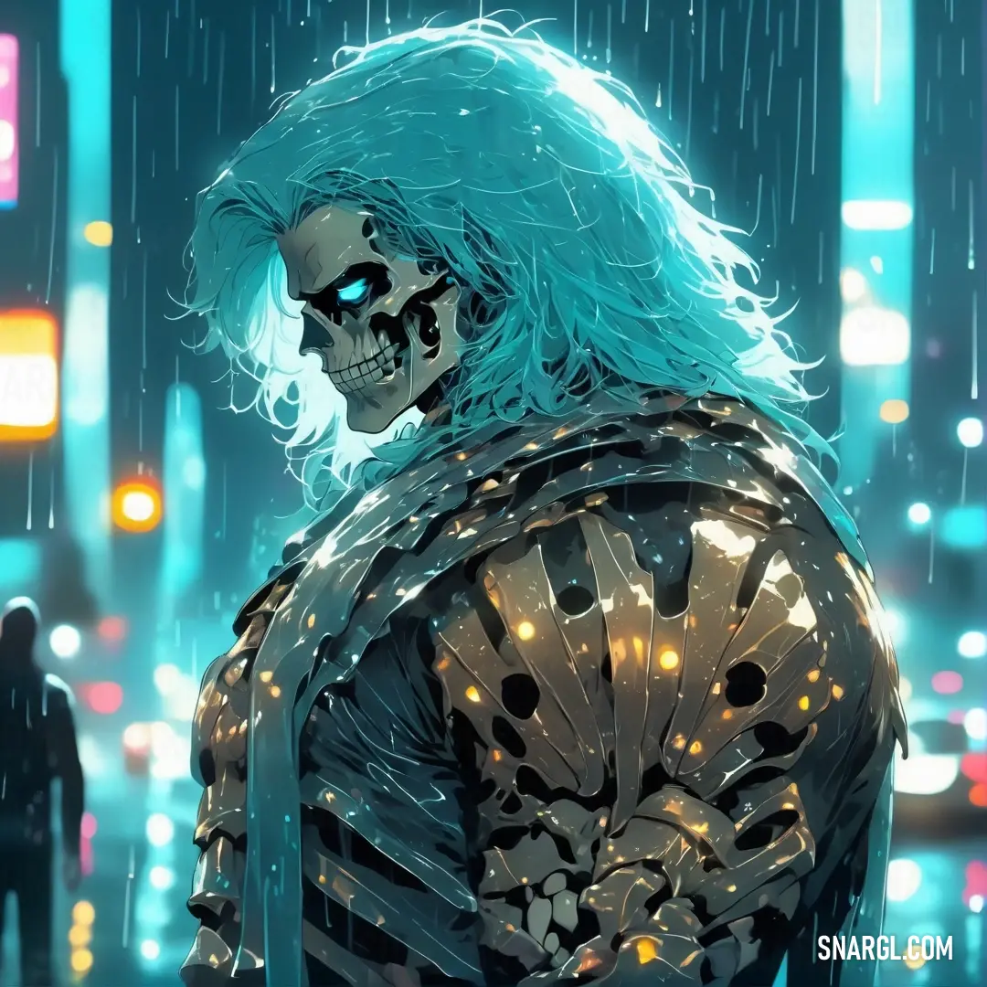 Skeleton with blue hair and a blue wig standing in the rain in a city at night with people walking by. Example of #4FBBD1 color.