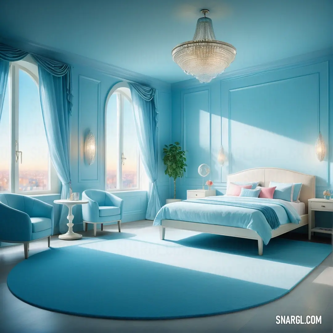 Bedroom with a blue wall and a large bed in it's center area with a chandelier. Example of RGB 107,193,207 color.