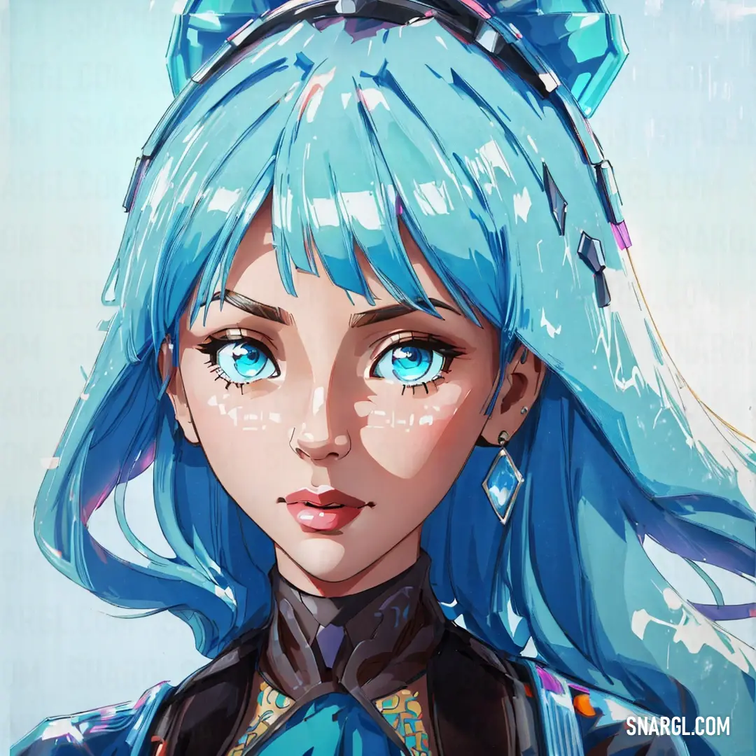 Blue haired anime girl with blue hair and a bow in her hair. Example of PANTONE 3115 color.