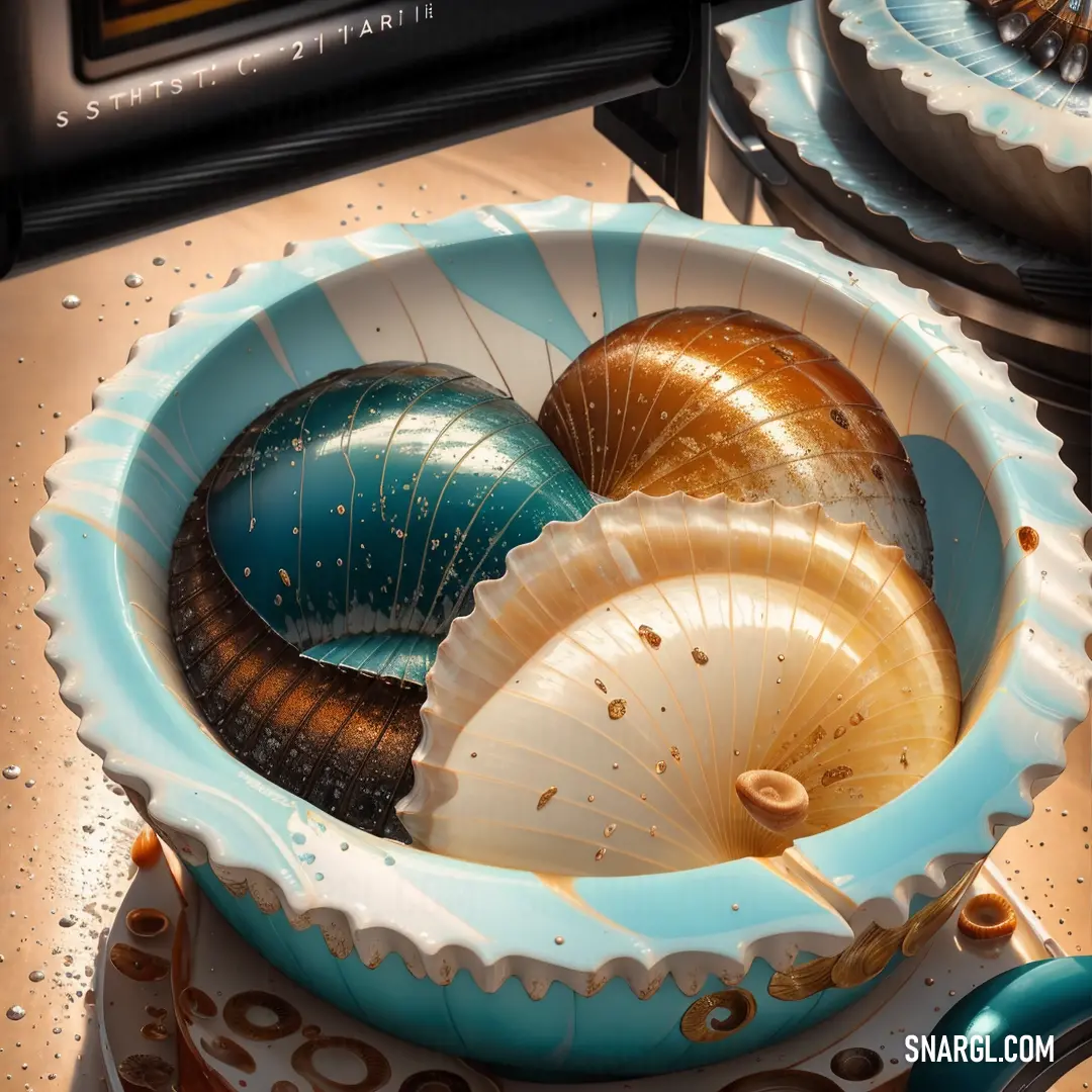 Bowl with a variety of seashells in it on a table top with other plates and a microwave. Example of RGB 107,193,207 color.