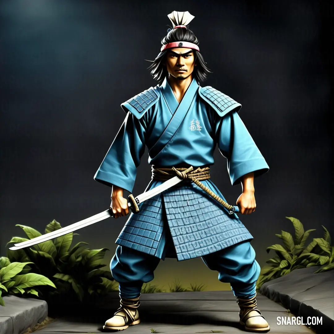 Man in a blue outfit holding a sword in his hand and a black background. Color CMYK 59,0,14,0.