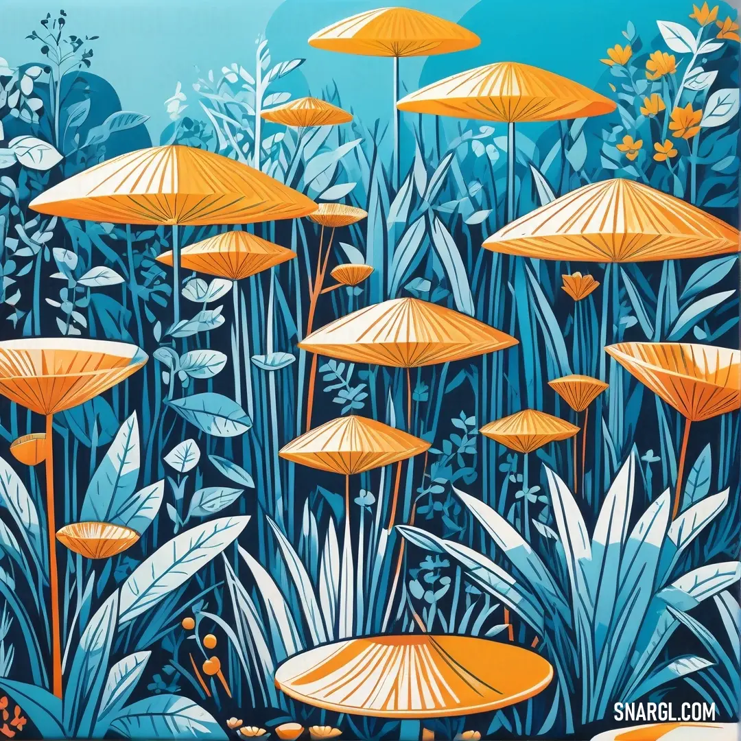 PANTONE 3115 color example: Painting of a field with orange umbrellas in the middle of it