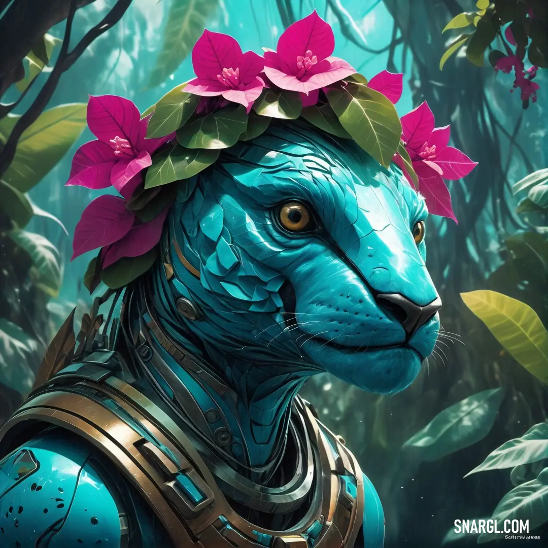 Blue tiger with a flower crown on its head in a forest with flowers on its head and leaves on its head. Color #00A8D0.