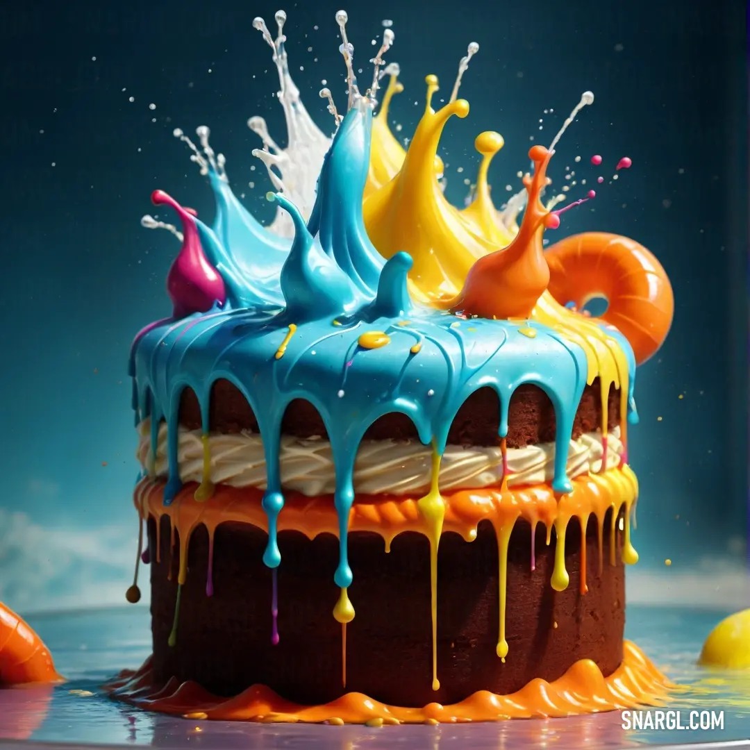 Cake with chocolate icing and colorful icing on top of it with a blue background. Color PANTONE 312.