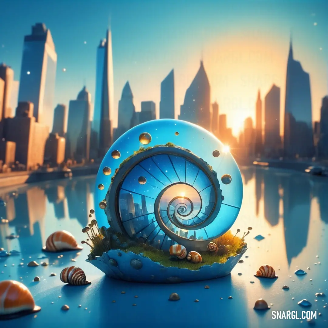 Snail shell with a spiral design on it in front of a city skyline with seashells and shells. Color #00A8D0.
