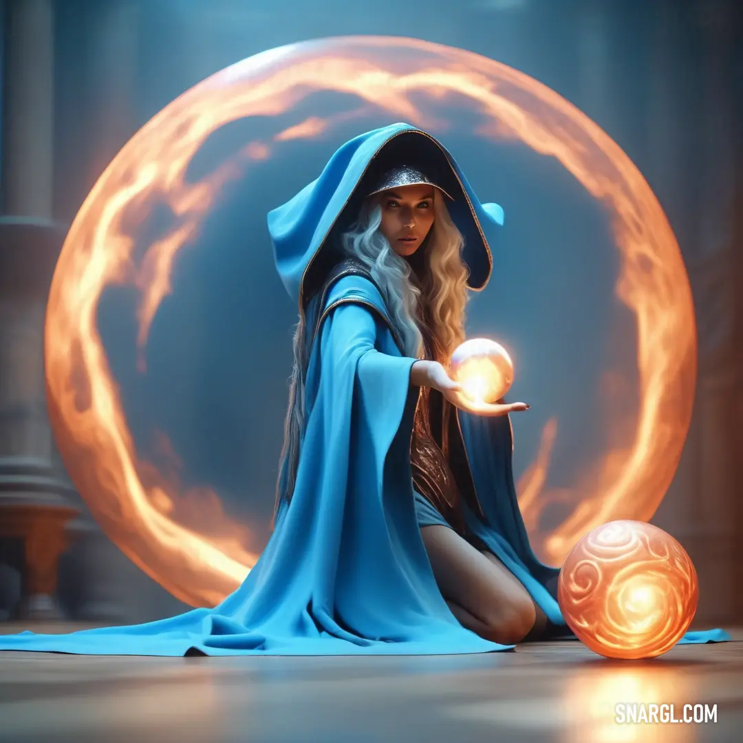 Woman in a blue robe holding a ball of fire in front of a circular object with a light. Example of CMYK 88,0,11,0 color.
