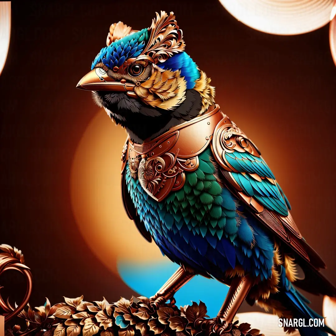 Bird with a blue and gold costume on on a branch of a tree with a brown background. Example of CMYK 84,0,18,0 color.