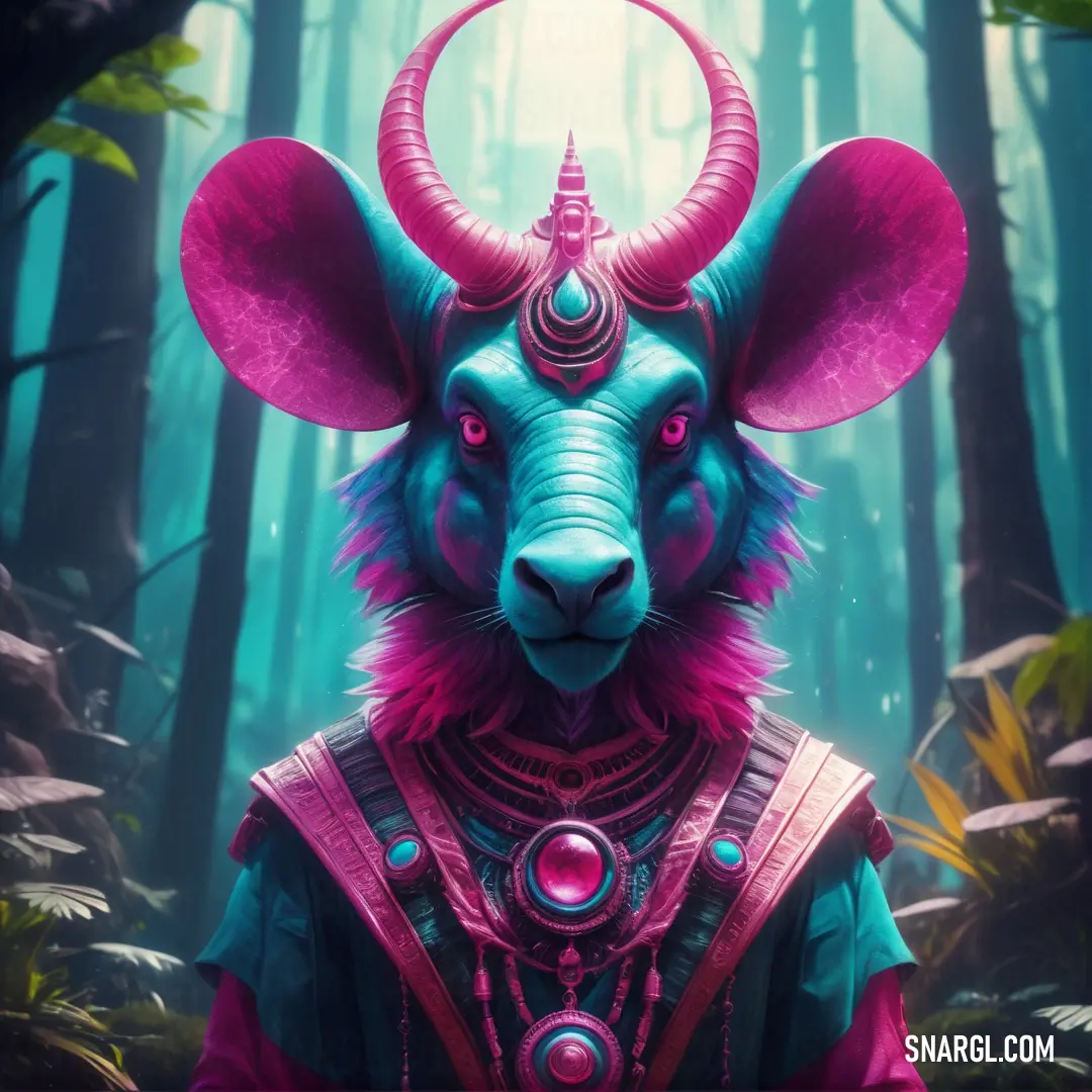 Blue and pink animal with horns and a pink outfit in a forest with trees and plants in the background. Color #00AAC3.
