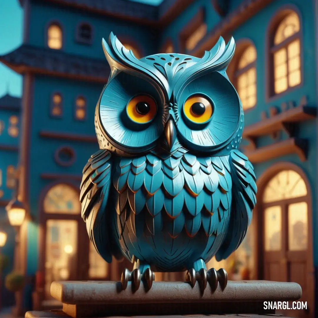 Blue owl statue on top of a wooden table in front of a house with windows and a lit up roof. Color #00AAC3.
