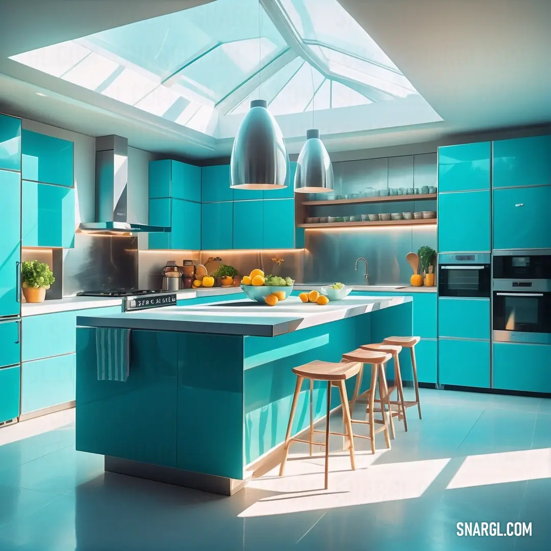 Kitchen with a skylight and a blue island in the middle of the room with stools and a counter. Color PANTONE 3125.