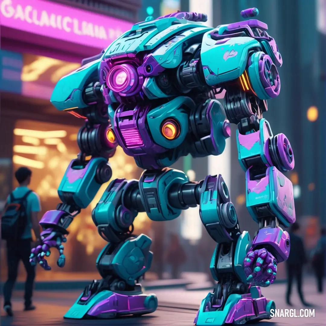 Robot that is standing on a city street with people walking by it and a neon sign in the background. Color PANTONE 3125.