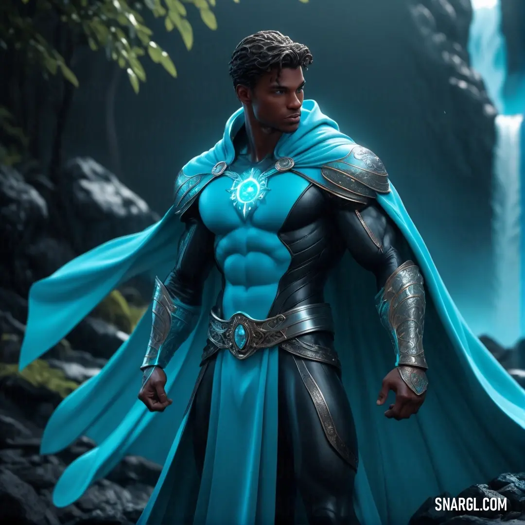 PANTONE 313 color example: Man in a blue cape and caped outfit standing in front of a waterfall with a waterfall behind him