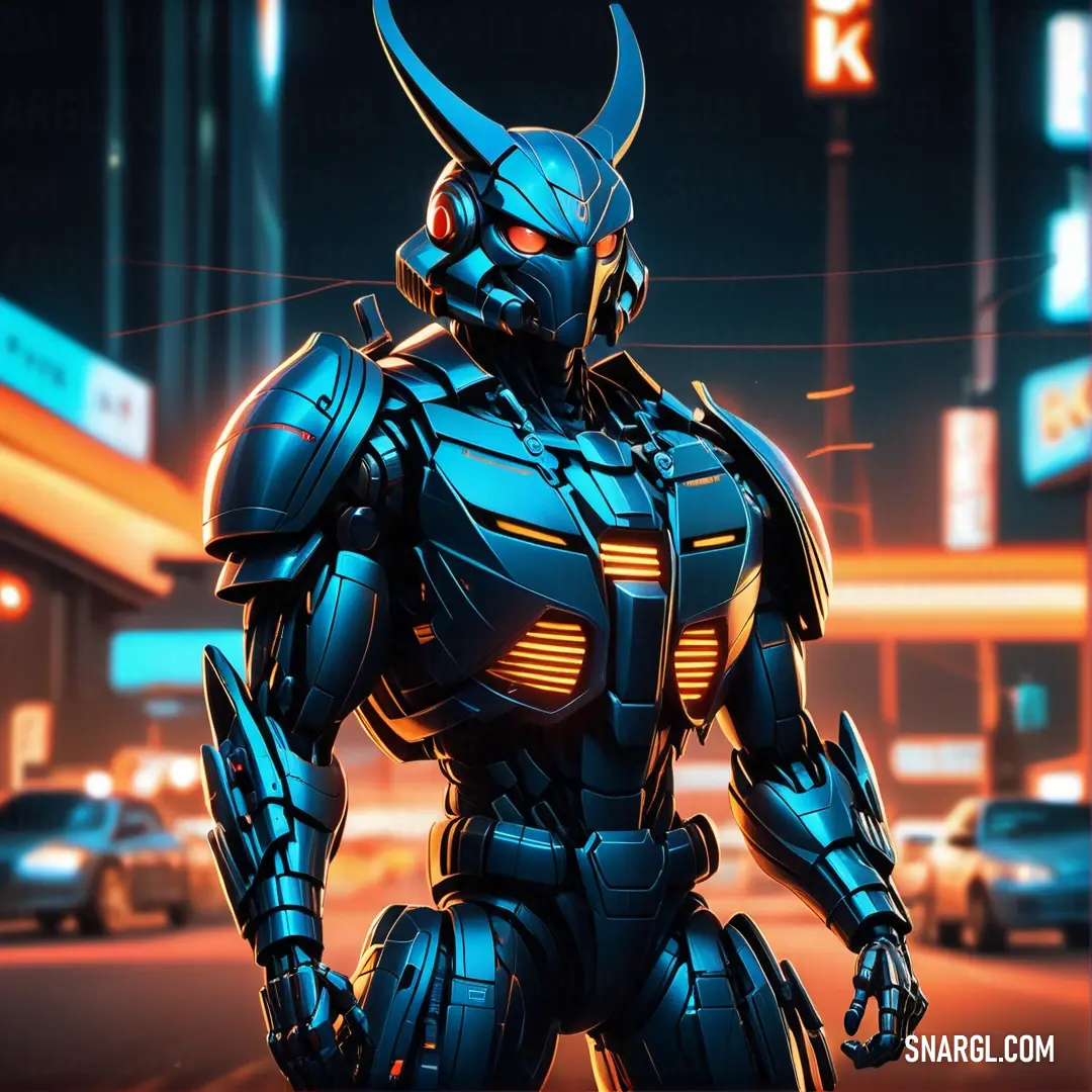 Robot with horns and a helmet standing in the middle of a street at night with a neon sign in the background. Color RGB 0,152,199.