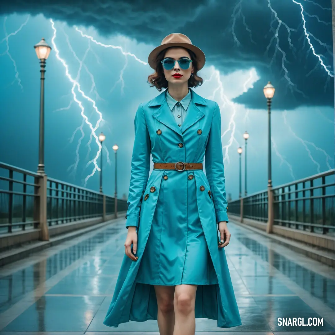 Woman in a blue coat and hat is walking in the rain with a lightning background and a lamp post. Color PANTONE 313.