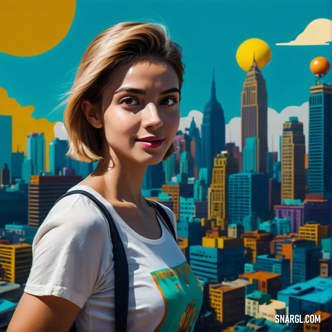 Woman standing in front of a city skyline with balloons in the sky and a yellow sun above her. Color CMYK 100,0,11,2.