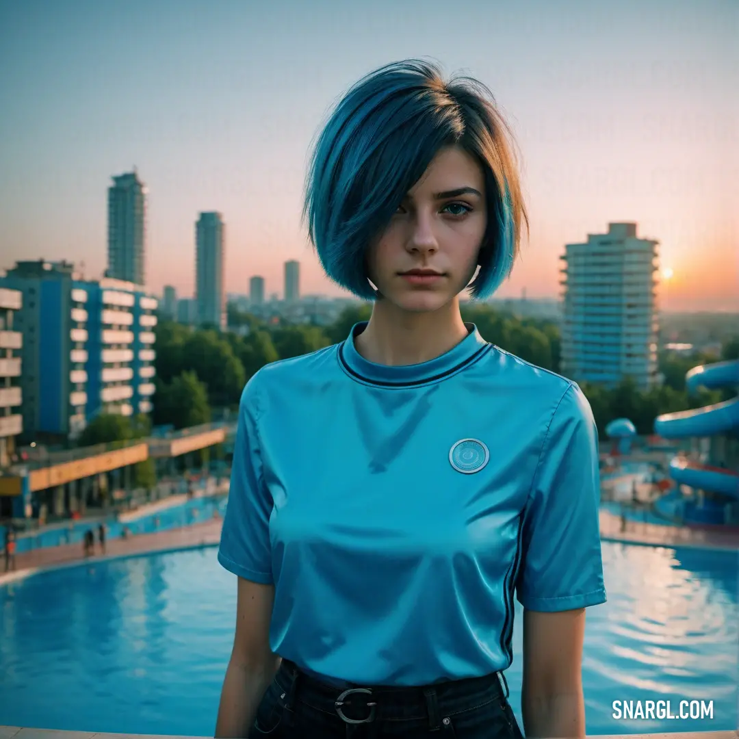 Woman with blue hair standing in front of a swimming pool with a city in the background at sunset. Example of PANTONE 313 color.