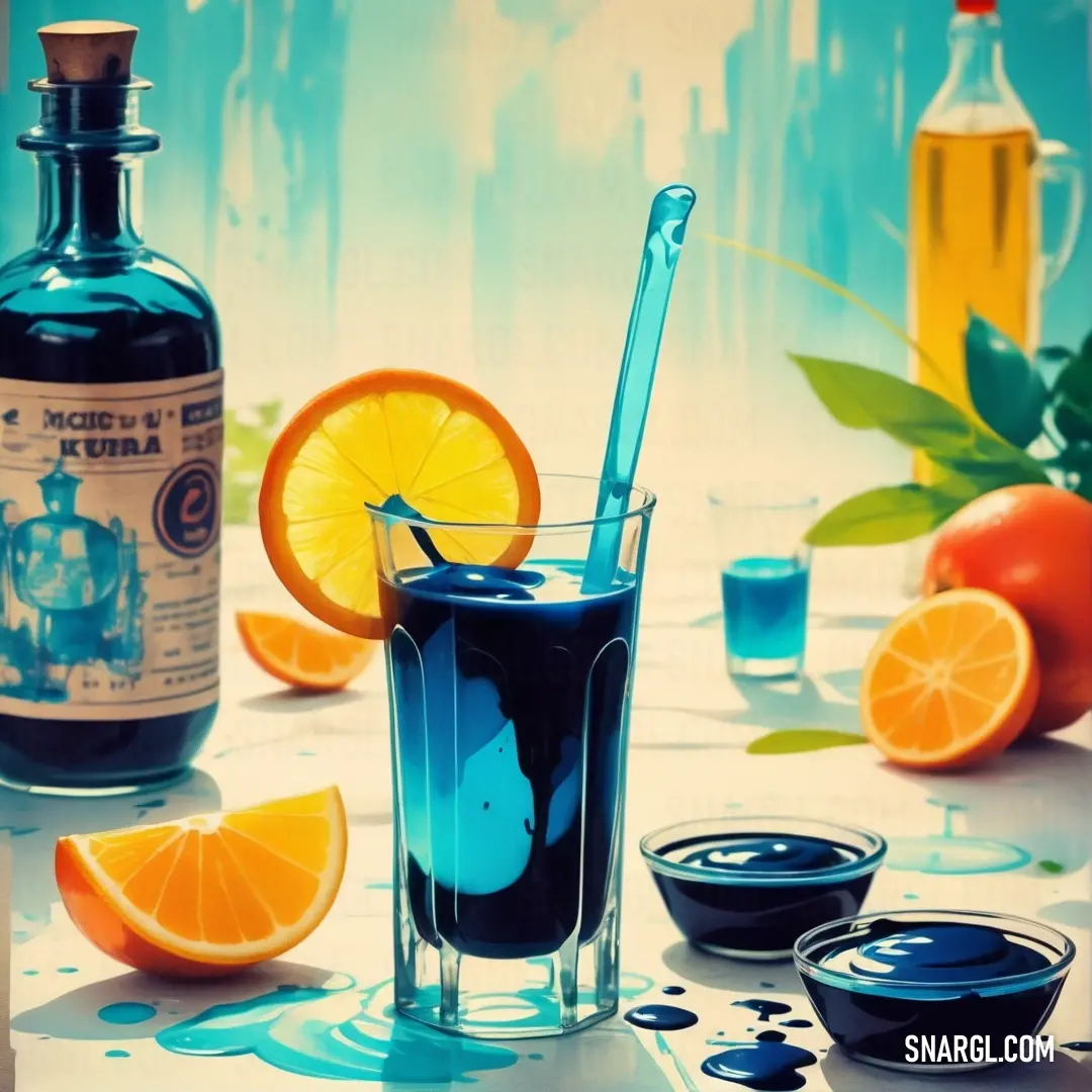 PANTONE 3135 color. Blue drink with a spoon in it next to orange slices and a bottle of alcohol on a table