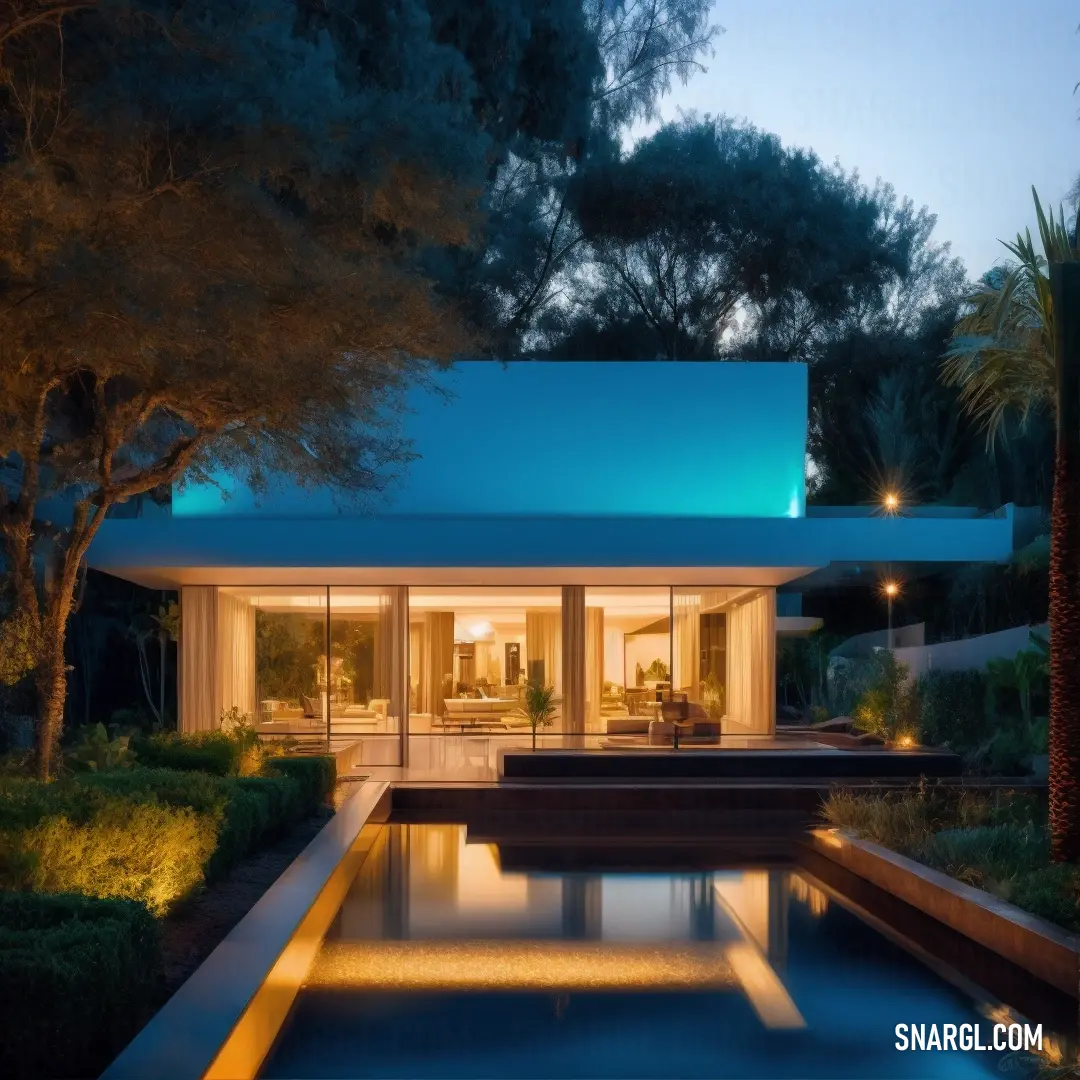 PANTONE 3135 color example: House with a pool and a lit up patio area at night time with trees and bushes surrounding it