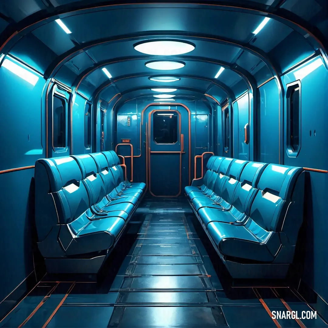 Train car with blue seats and a red light on the ceiling and a blue light on the wall. Color #009BBB.