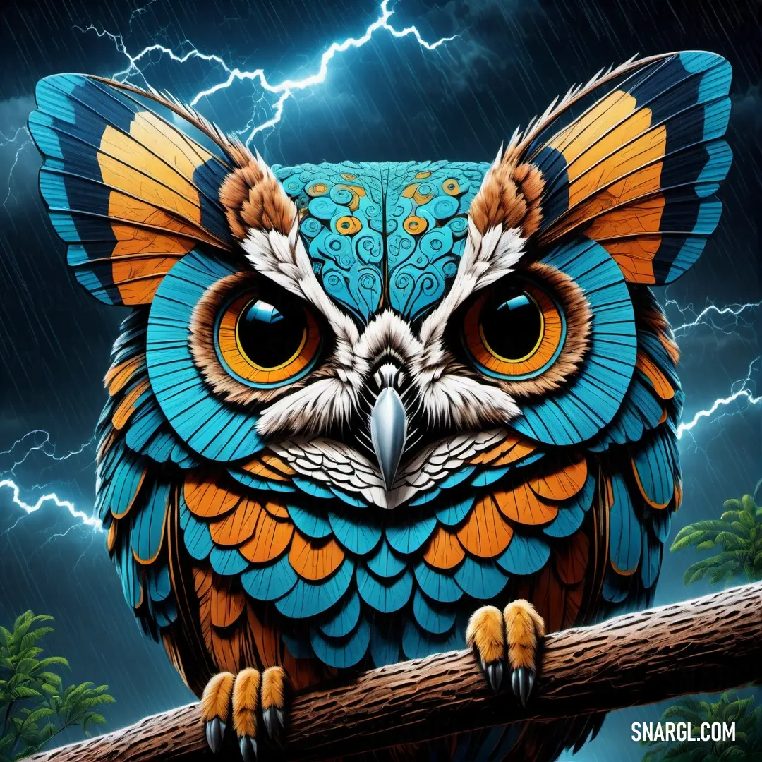 PANTONE 314 color. Colorful owl on a branch under a lightning storm with lightning behind it and a tree branch in front of it