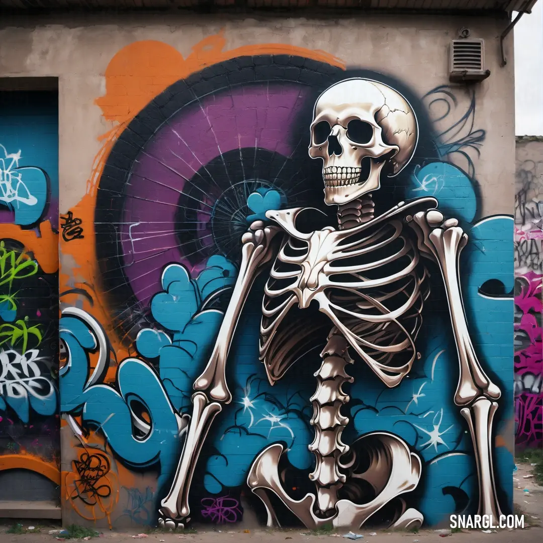 Painting of a skeleton on a wall with a purple and blue background. Color #0084AC.