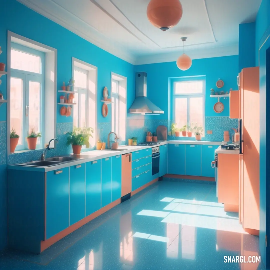 Kitchen with blue walls and orange cabinets and a sink and a window with a potted plant on it. Color PANTONE 3145.