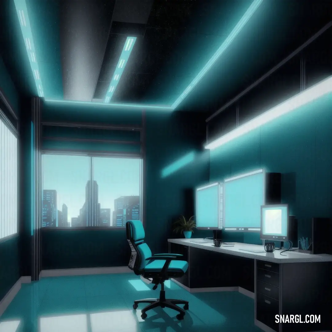 Room with a desk, chair and a monitor on it with a city view out the window. Color #007D91.