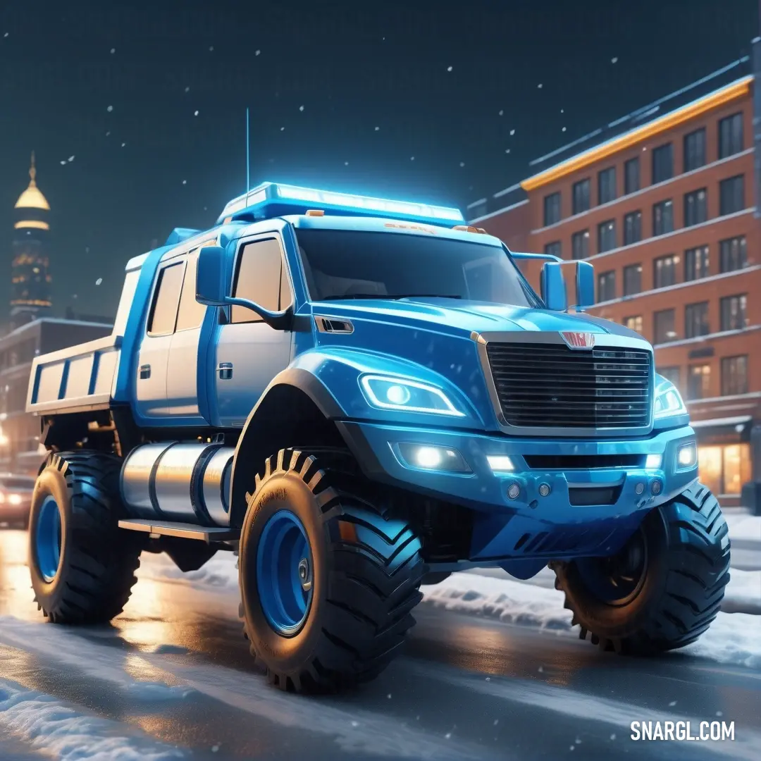 Blue truck driving down a street next to tall buildings at night with a city in the background. Color #006A85.