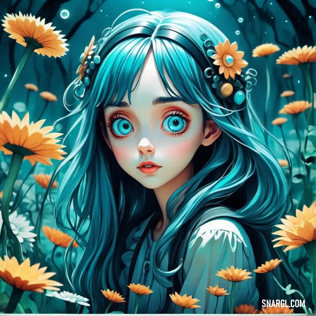 Girl with blue hair and flowers in her hair, with blue eyes and long hair. Example of CMYK 100,12,21,44 color.