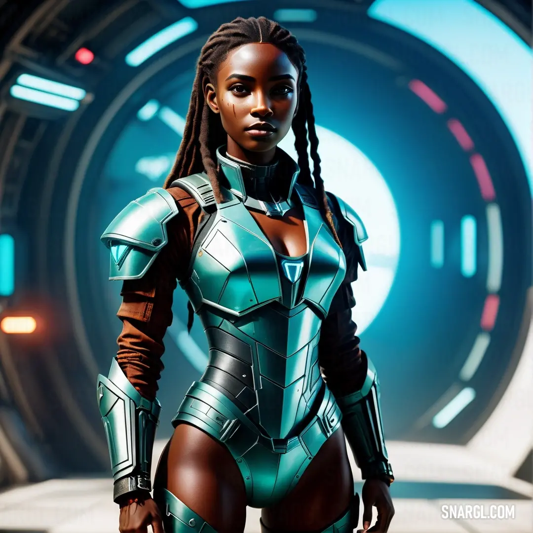 Woman in a futuristic suit standing in a tunnel with a sci - fi, Eve Ryder. Example of #006A85 color.