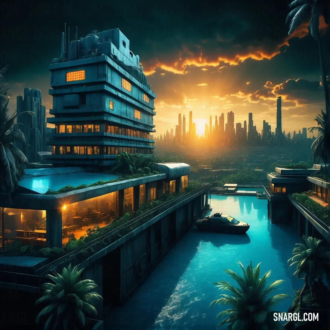 Futuristic city with a river running through it at night time with a boat in the water and a boat in the foreground