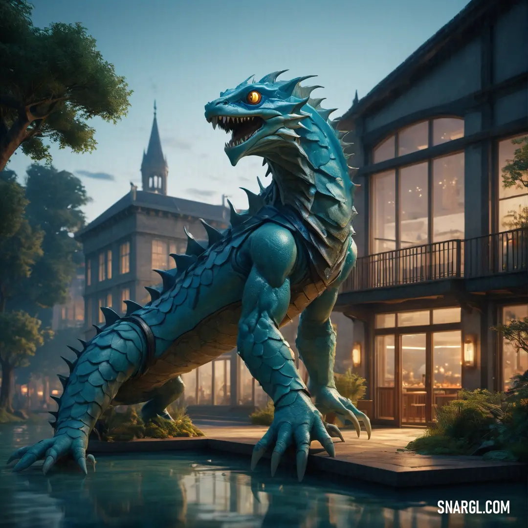 Large blue dragon statue in front of a building at night with a clock tower in the background. Color RGB 0,108,124.